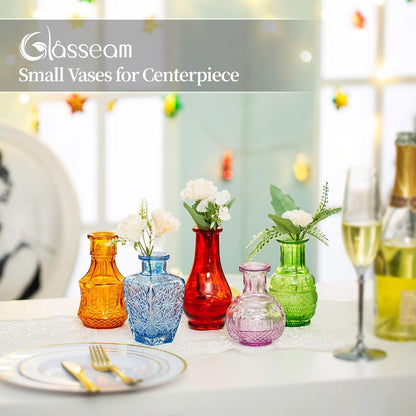 5er Mini Vasen Set Glas Vintage Hochzeit Bunt Blumenvase