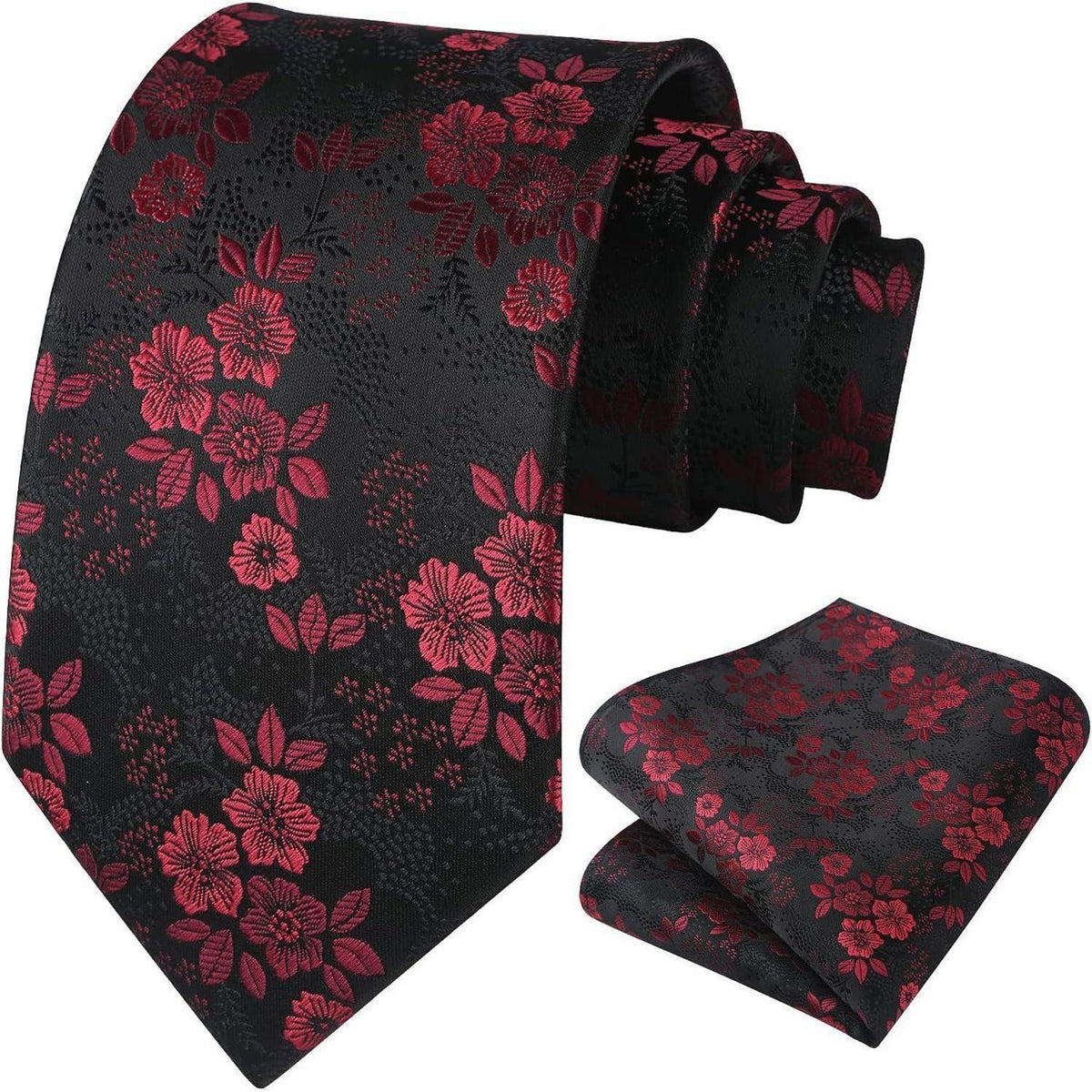 Krawatten-Set Seide mit Einstecktuch, floral, rot/schwarz