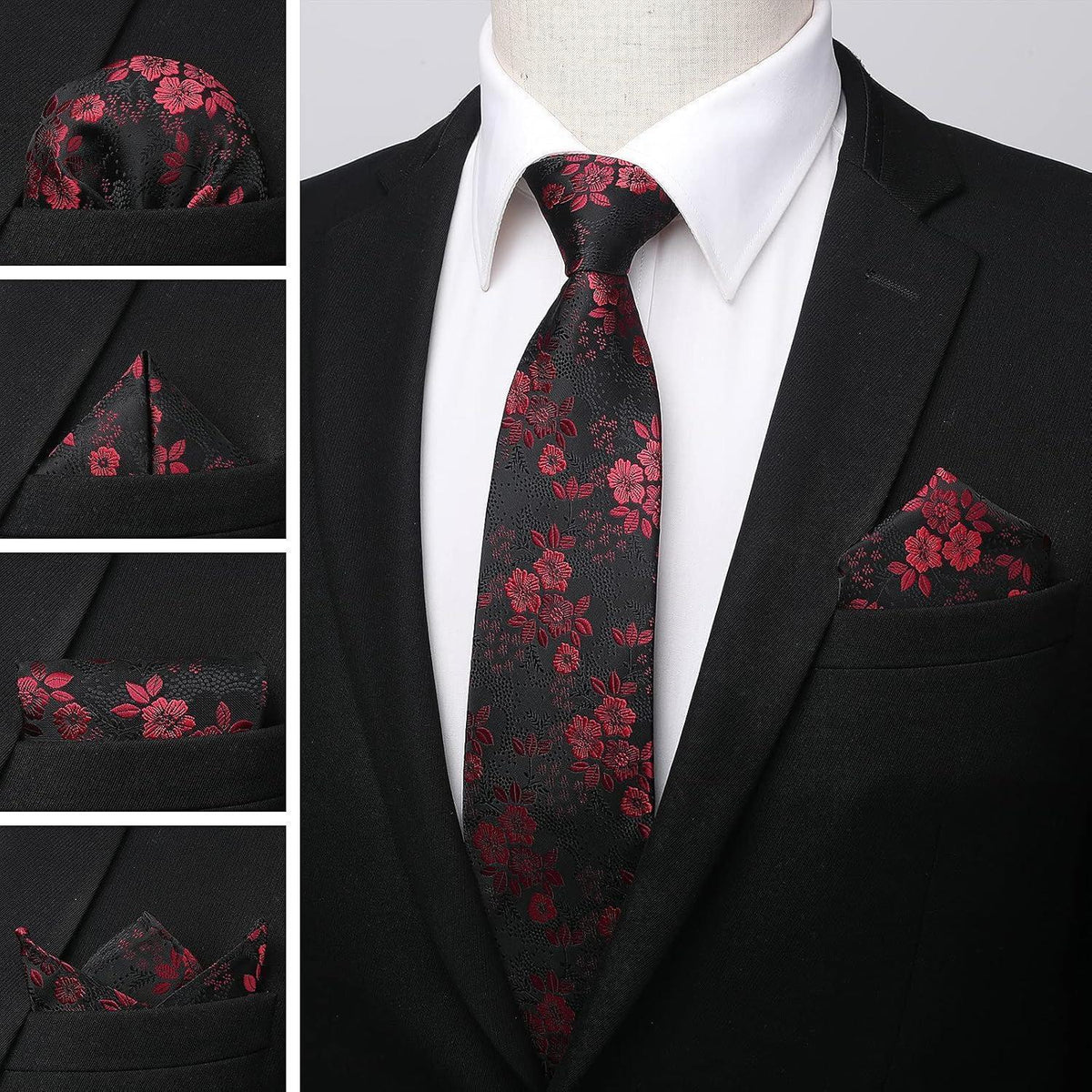 Krawatten-Set Seide mit Einstecktuch, floral, rot/schwarz