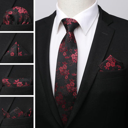 Krawatten-Set Seide mit Einstecktuch, floral, rot/schwarz