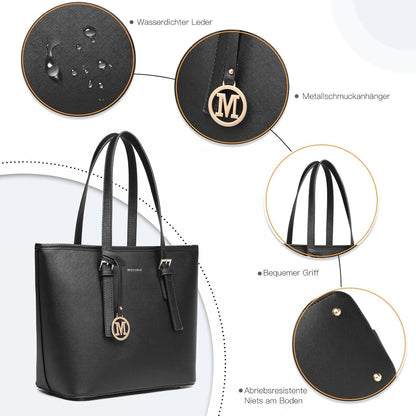 Große Miss Lulu Damen Schultertasche Henkeltasche Kunstleder Schwarz