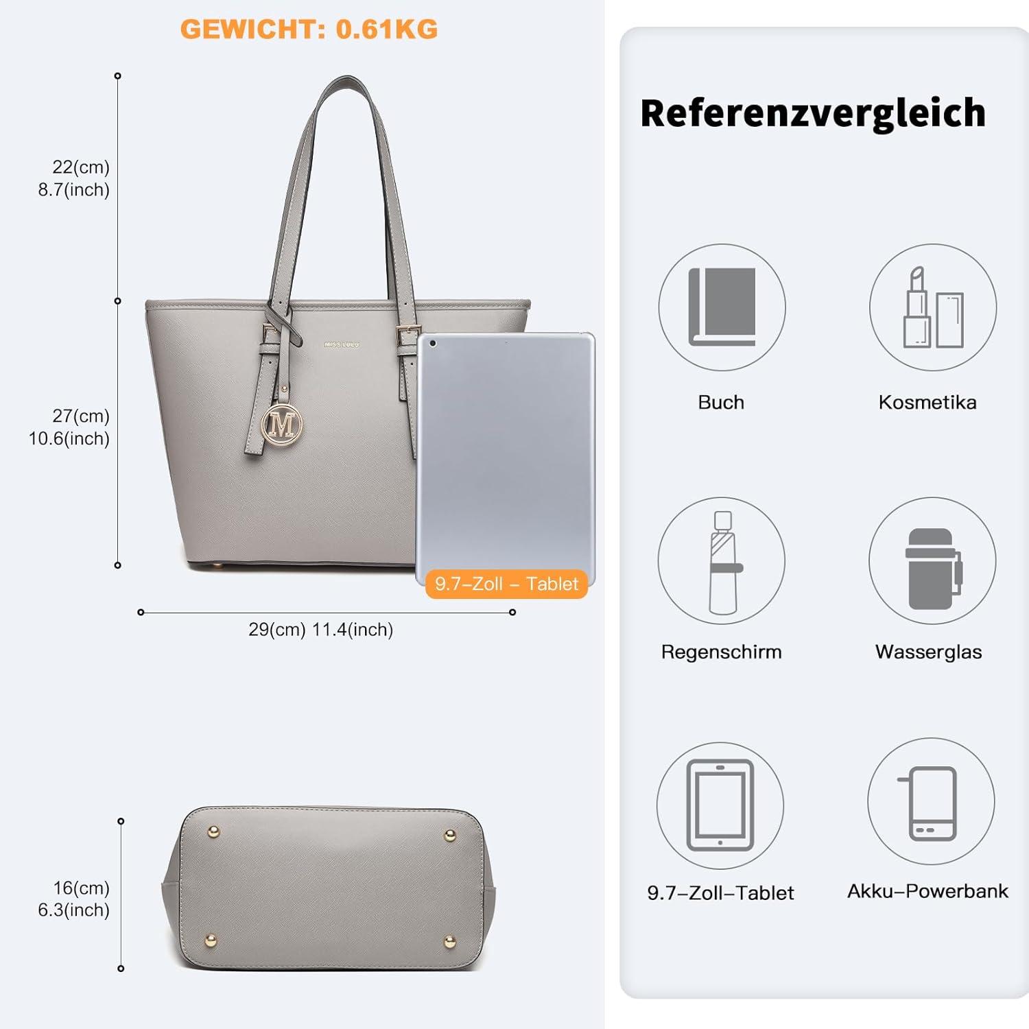 Damen Shopper Handtasche Groß in Grau aus Kunstleder