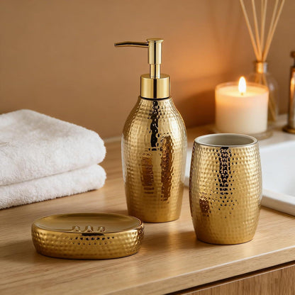 Goldfarbenes Seifenspender Set 3-tlg. – Keramik Badaccessoires