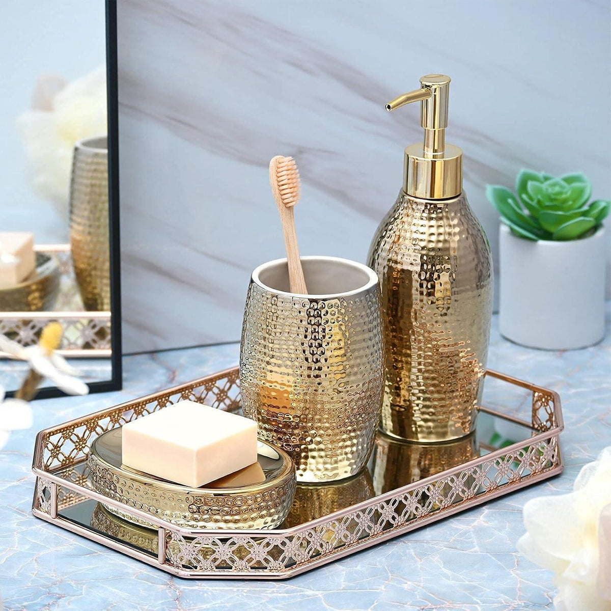 Goldfarbenes Seifenspender Set 3-tlg. – Keramik Badaccessoires