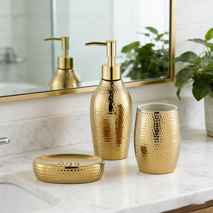 Goldfarbenes Seifenspender Set 3-tlg. – Keramik Badaccessoires