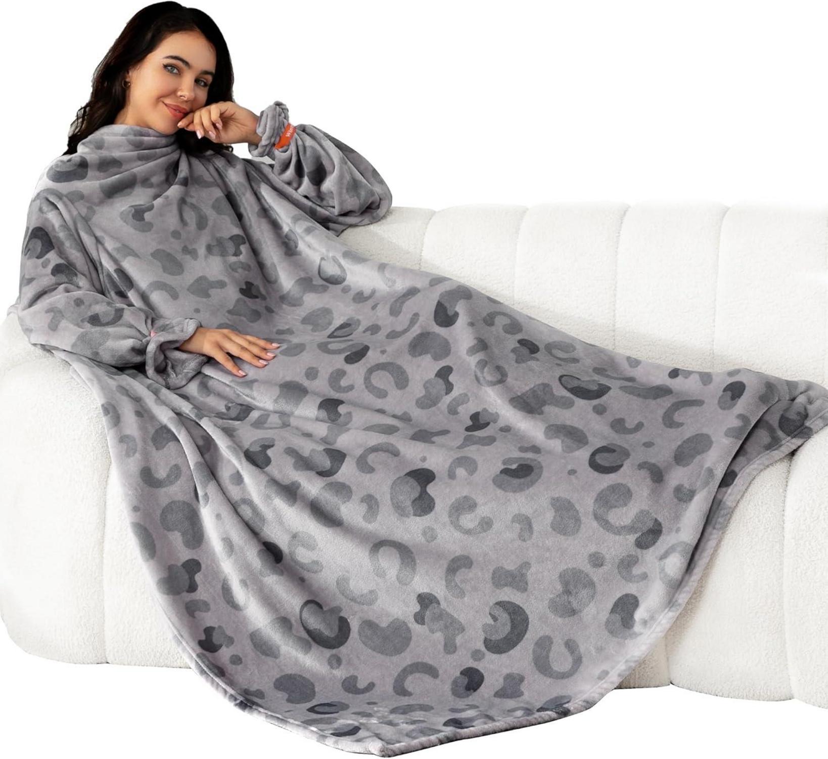 Kuscheldecke mit Ärmeln, Weiche Decke 140x170cm Leopard Grau