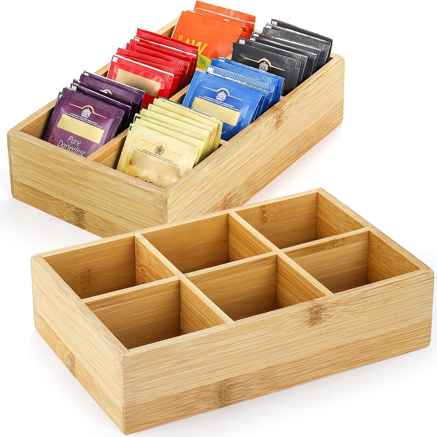 Bambus Teebox Aufbewahrung Organizer 6 Fächer für Tee Kaffee Zucker