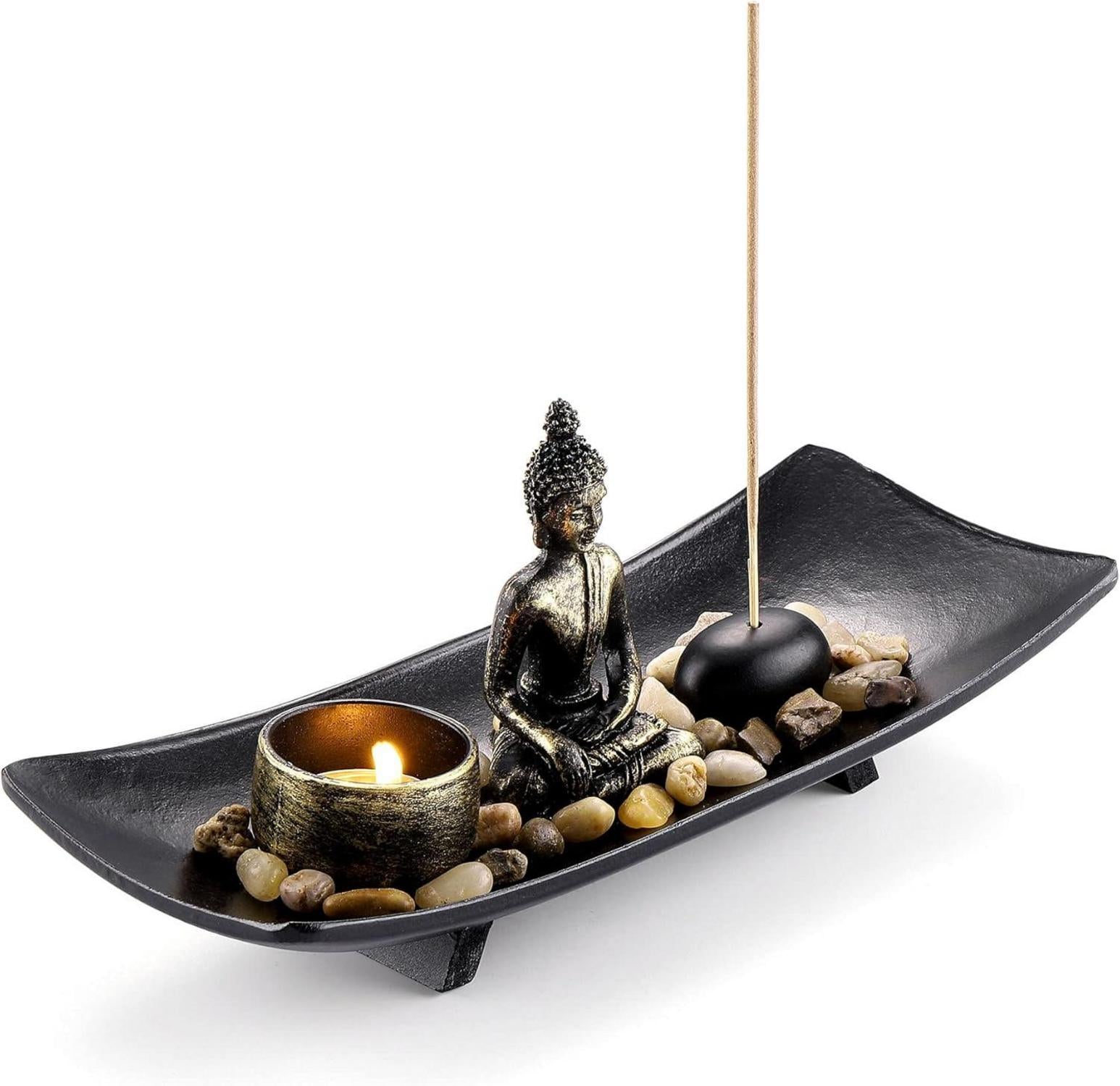 Buddha Statue Zen Garten Deko Set Kerzenhalter Teelichthalter