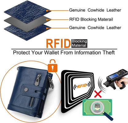 REETEE Herren Geldbörse RFID Schutz Ledergeldbeutel mit Kette Navy Blau