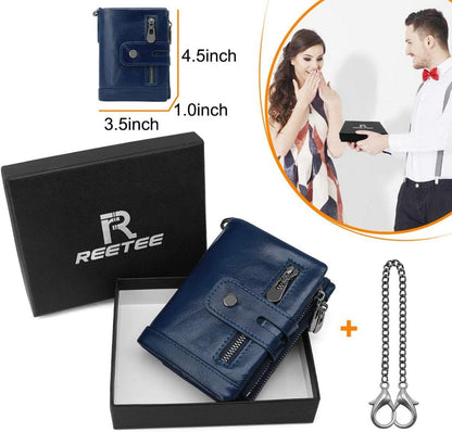 REETEE Herren Geldbörse RFID Schutz Ledergeldbeutel mit Kette Navy Blau