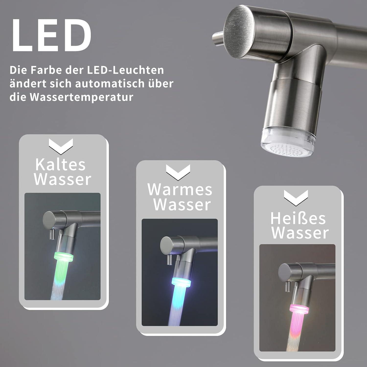 TIMACO LED Küchenarmatur mit Spiralfeder und 360° Schwenkbarer Auslauf