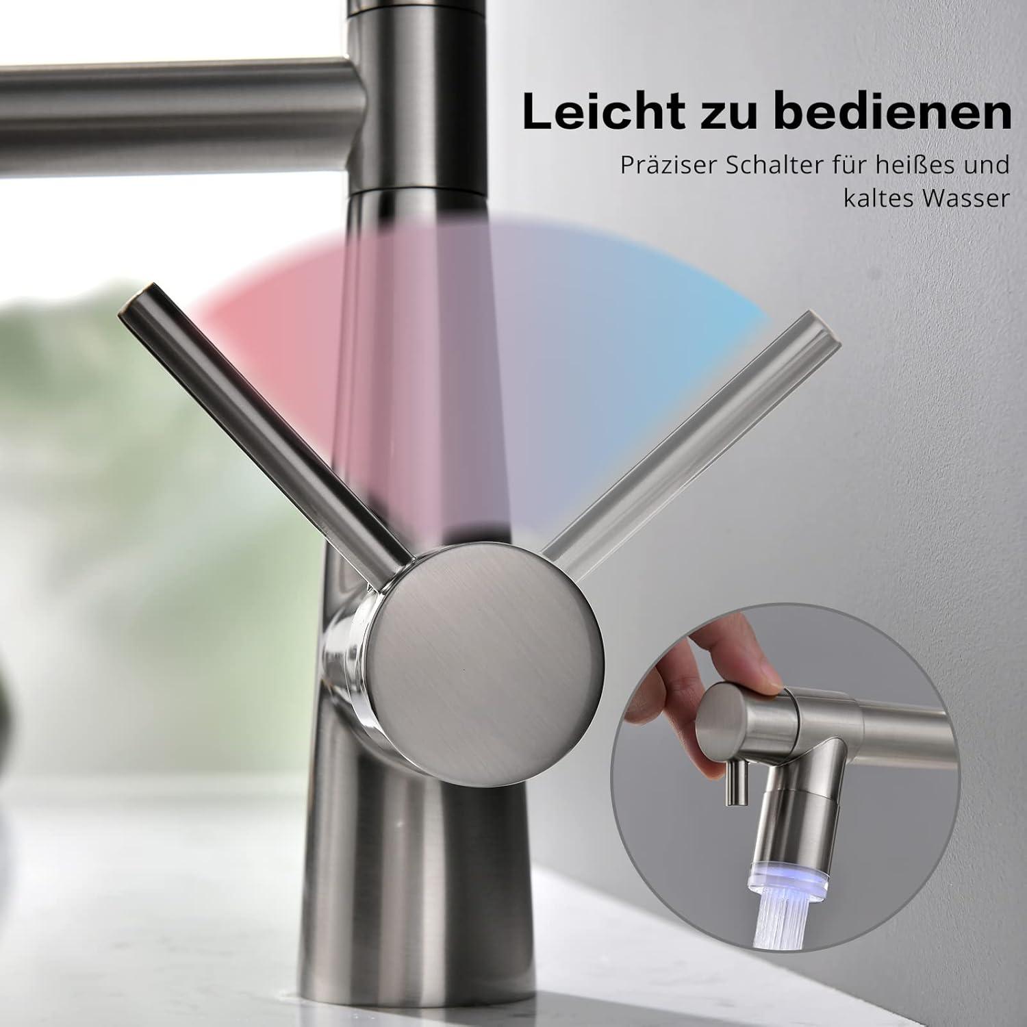 LED Küchenarmatur mit Spiralfeder, 360° Schwenkbar, Zwei Auslauf