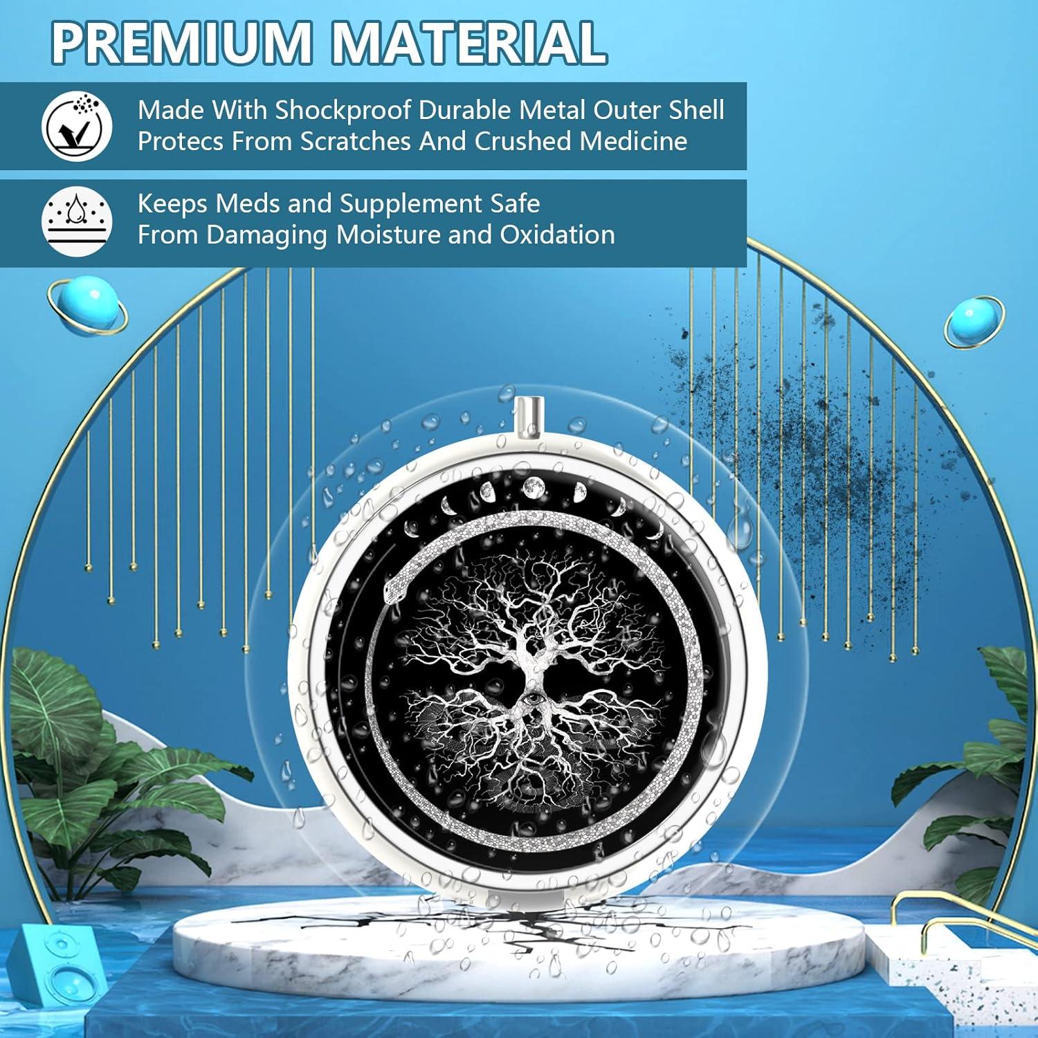 Pillendose 3 Fächer tragbar Metall Baum des Lebens Sun Moon