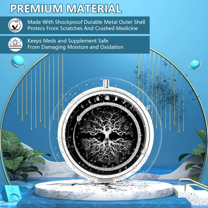 Pillendose 3 Fächer tragbar Metall Baum des Lebens Sun Moon