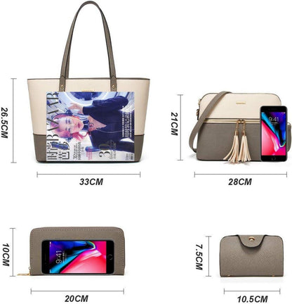 YTL Damen Handtasche Tote Shopper Groß Schultertasche 4-teiliges Set Grau-beige