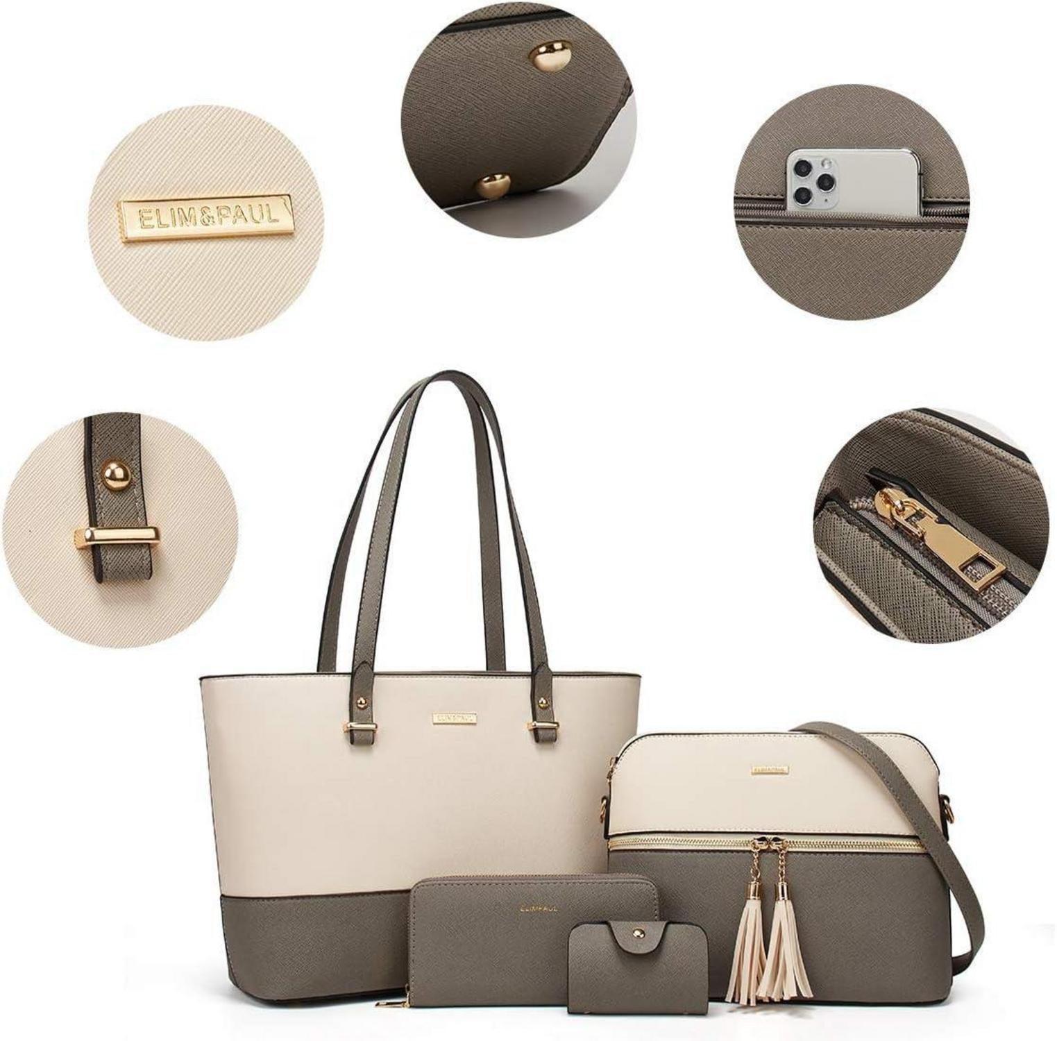 Damen Handtasche Tote Shopper Umhängetasche 4-teilig Set Grau-beige