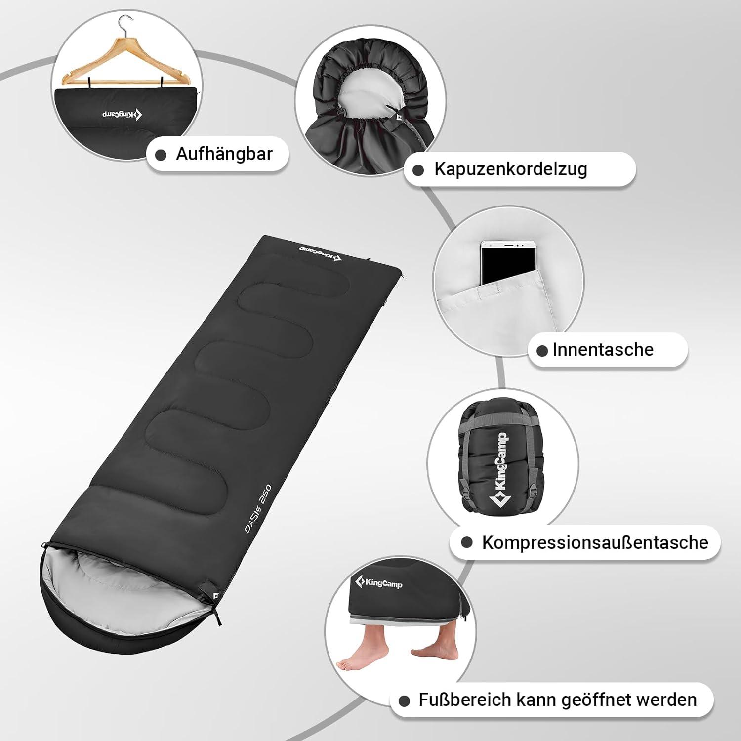 KingCamp Schlafsack Deckenschlafsack Camping Outdoor 3-4 Jahreszeiten Erwachsene Ultraleicht Warm Reisen 220×75cm Schwarz