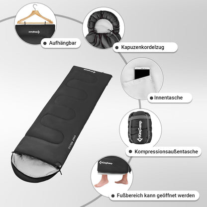 KingCamp Schlafsack Deckenschlafsack Camping Outdoor 3-4 Jahreszeiten Erwachsene Ultraleicht Warm Reisen 220×75cm Schwarz
