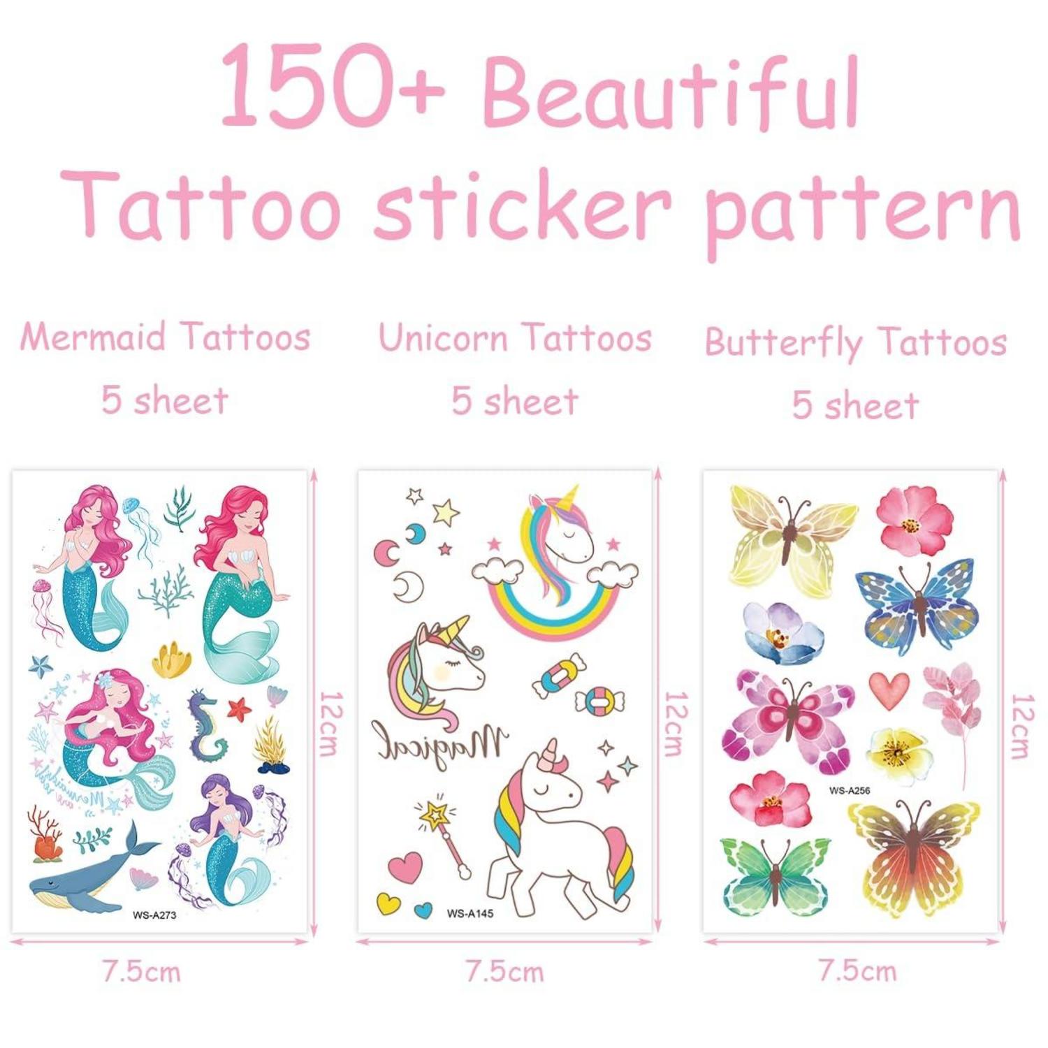 150+ Kinder Tattoo Sticker Set Einhorn Meerjungfrau Schmetterling Mädchen Kindergeburtstag