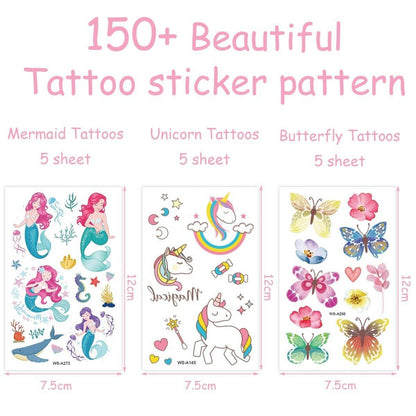 150+ Kinder Tattoo Sticker Set Einhorn Meerjungfrau Schmetterling Mädchen Kindergeburtstag