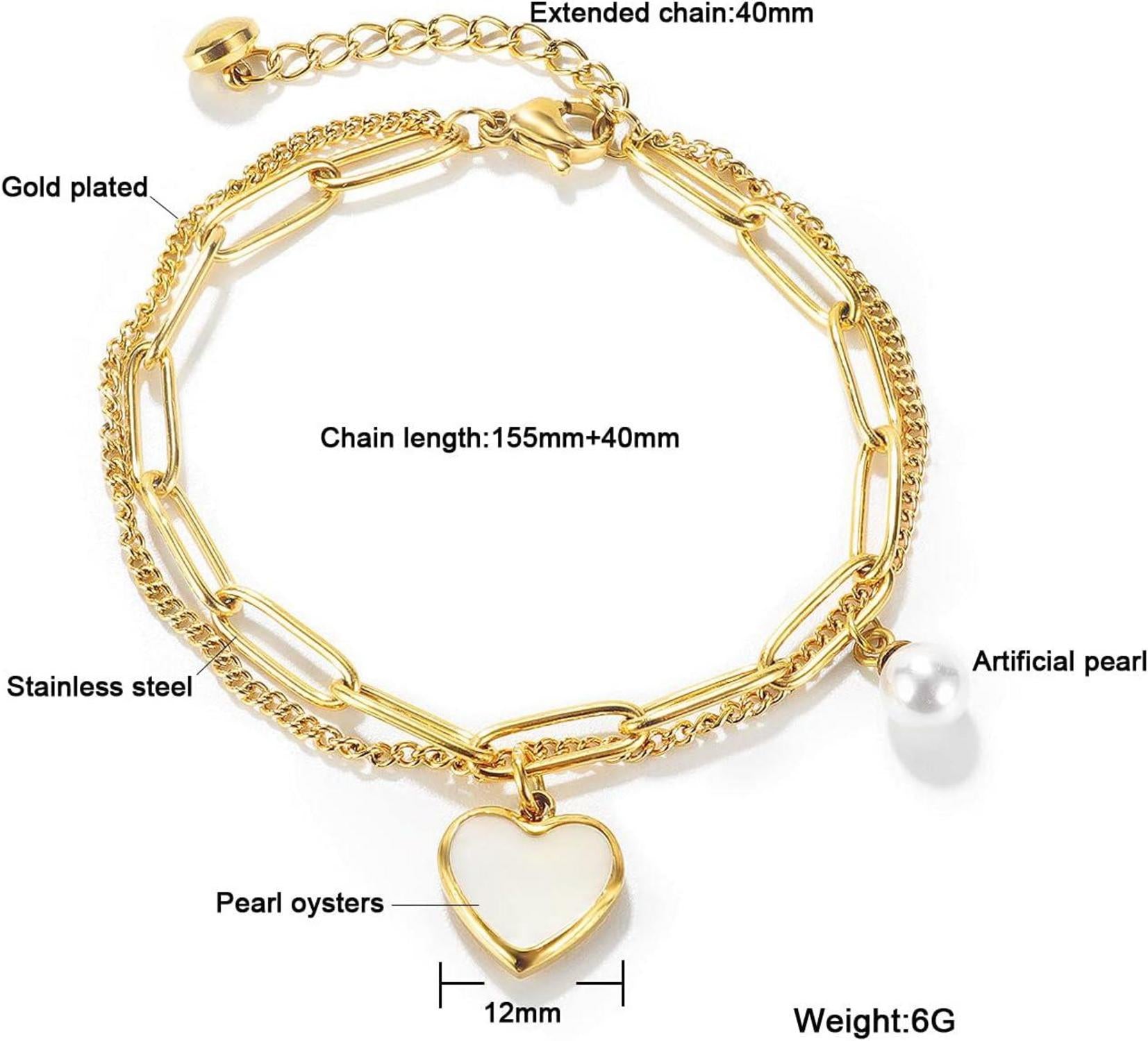 Damen Armband mit Herz-Anhänger Edelstahl Gold 15,5 + 4 cm mit Box