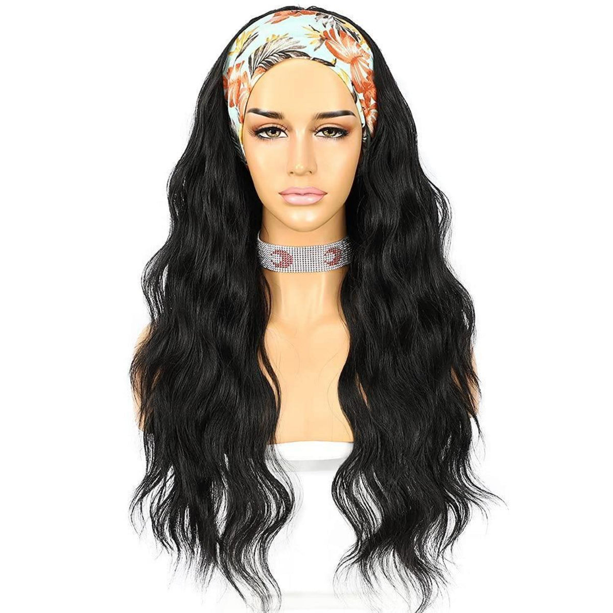 Synthetische Body Wave Stirnband Perücke – Lang, Schwarz, 26 Zoll