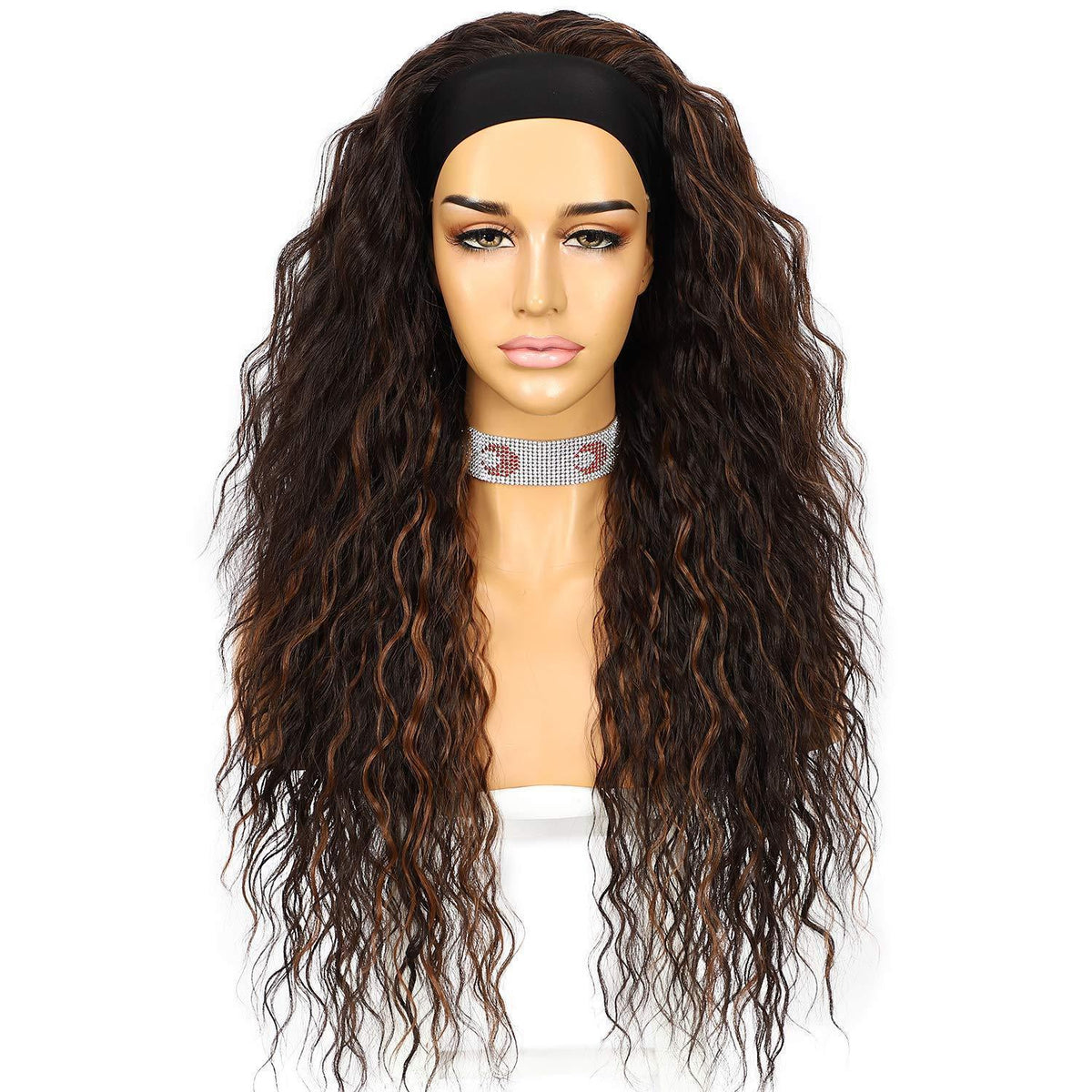 Lockige Stirnband Perücke Braun – Synthetisch, 26 Zoll, Glueless