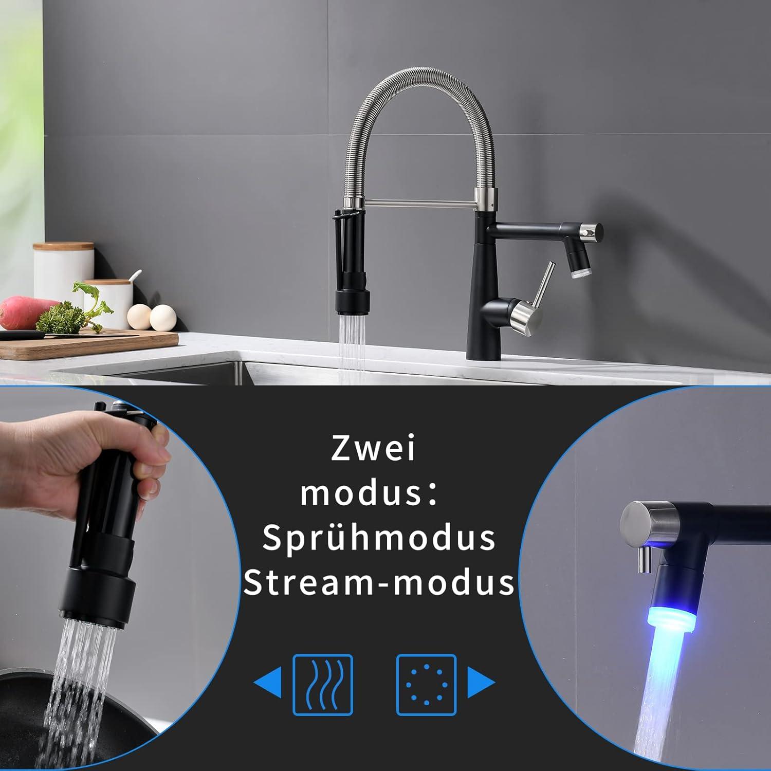 LED Schwarz Wasserhahn Küche mit Brause 360° Schwenkbar - Ausziehbar