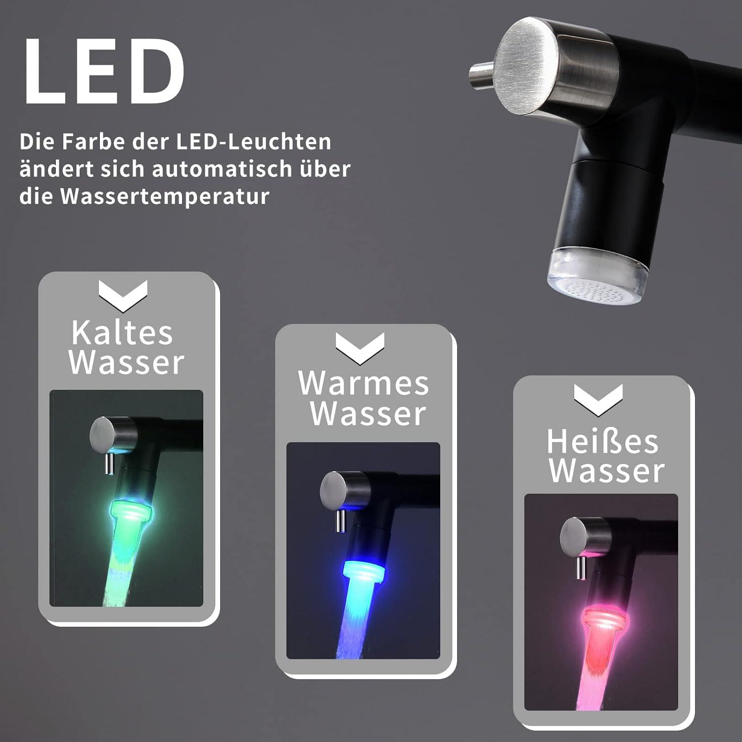 TIMACO LED Gebürstetes Nickel und Schwarz Wasserhahn Küche mit Schloss Brause Ausziehbar