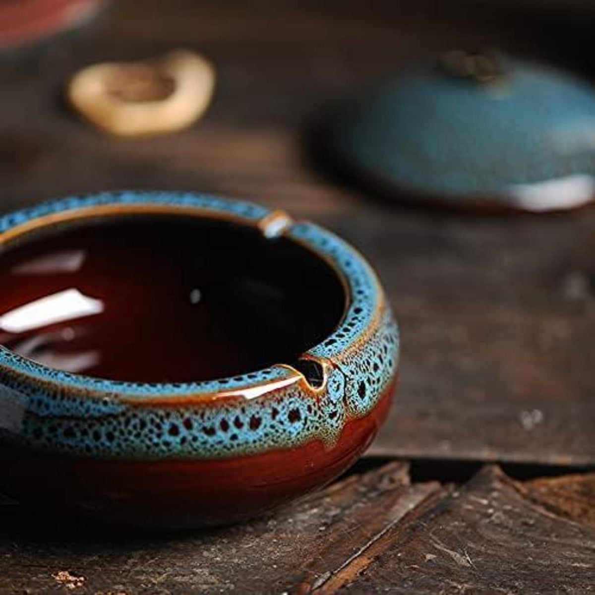 Keramik Aschenbecher mit Deckel, winddicht, blau