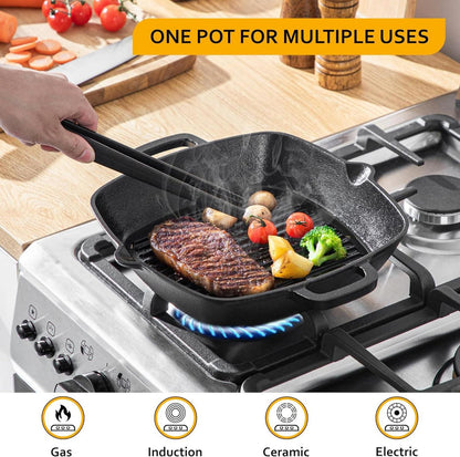 Gusseisen Grillpfanne mit Ausguss und Henkeln, Steakpfanne 32x27,5cm