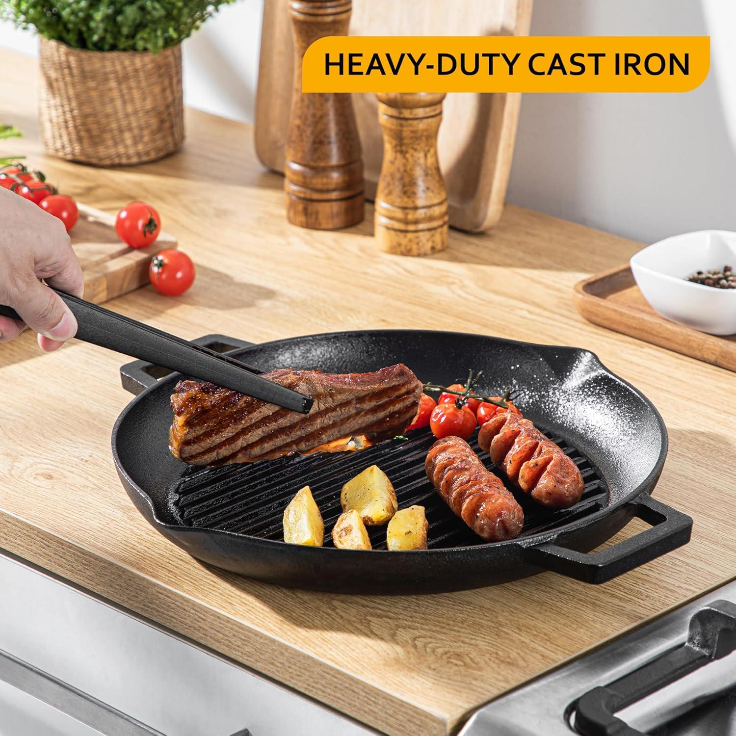 Gusseisenpfanne 38.5x31 cm Grillpfanne mit Rillen Boden 2 Henkeln