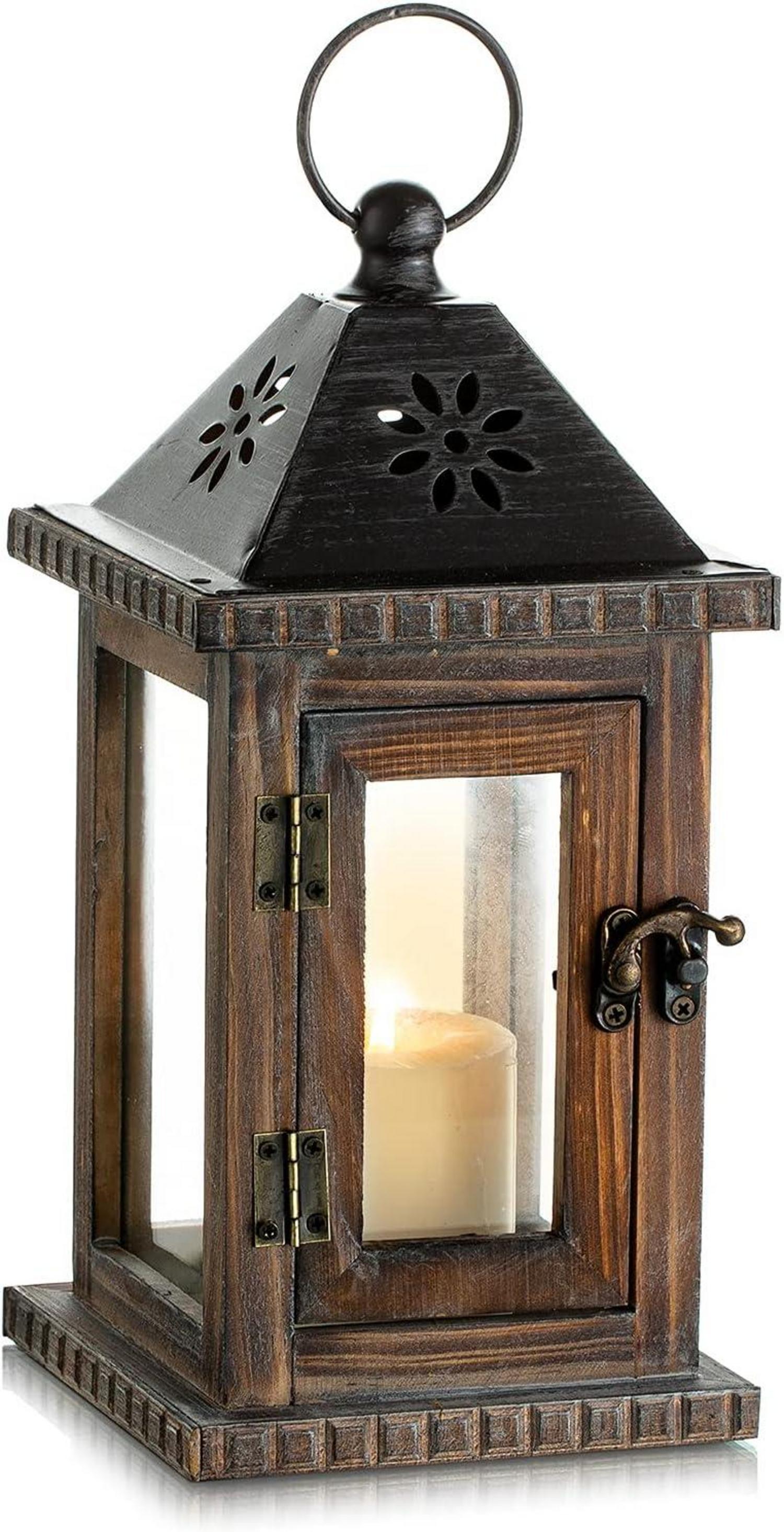 Laterne Holz für Kerzen Windlicht Garten Hochzeit Vintage Braun 28cm