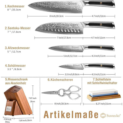 7-tlg Damastmesser Set mit Block | Küchenmesser aus Damaststahl