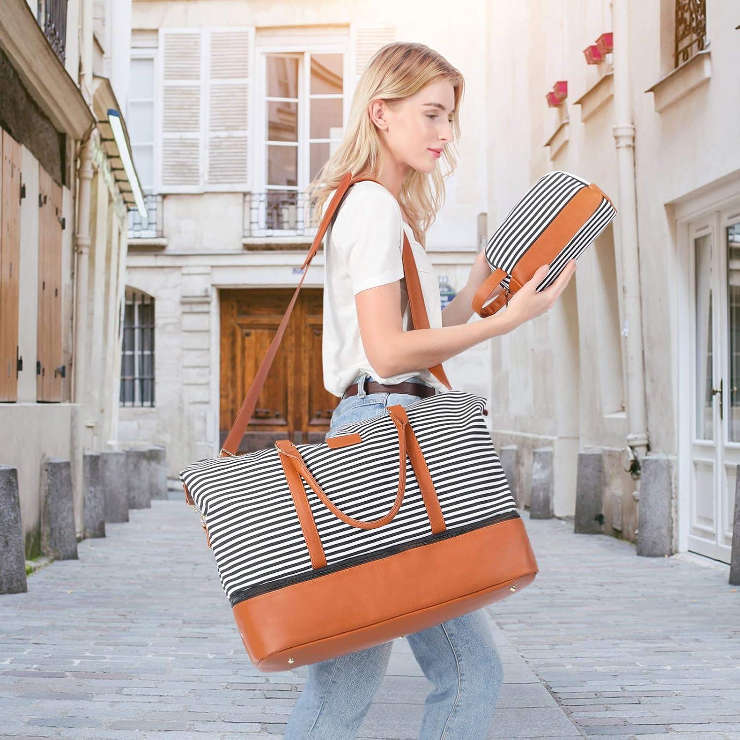 Weekender Reisetasche Damen Canvas PU-Leder XL 53 x 37 x 23 cm