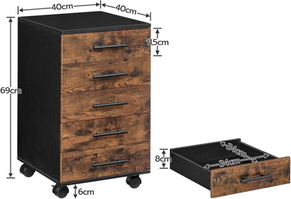 Aktenschrank mit 5 Schubladen, Rollcontainer Holz Büroschrank