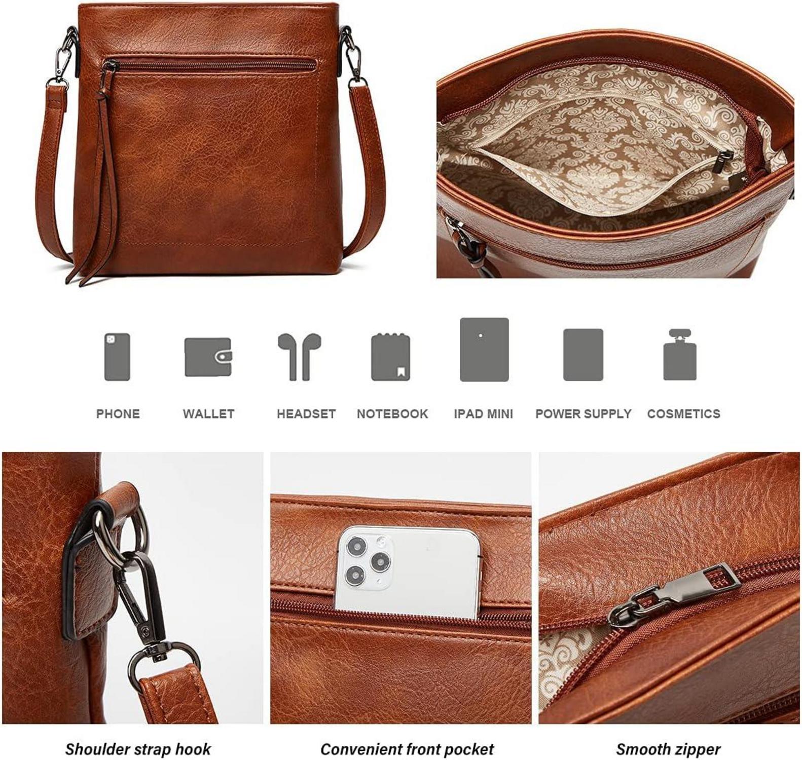 Vintage PU Leather Tote Bag Hobo Shoulder Bag Zipper Closure