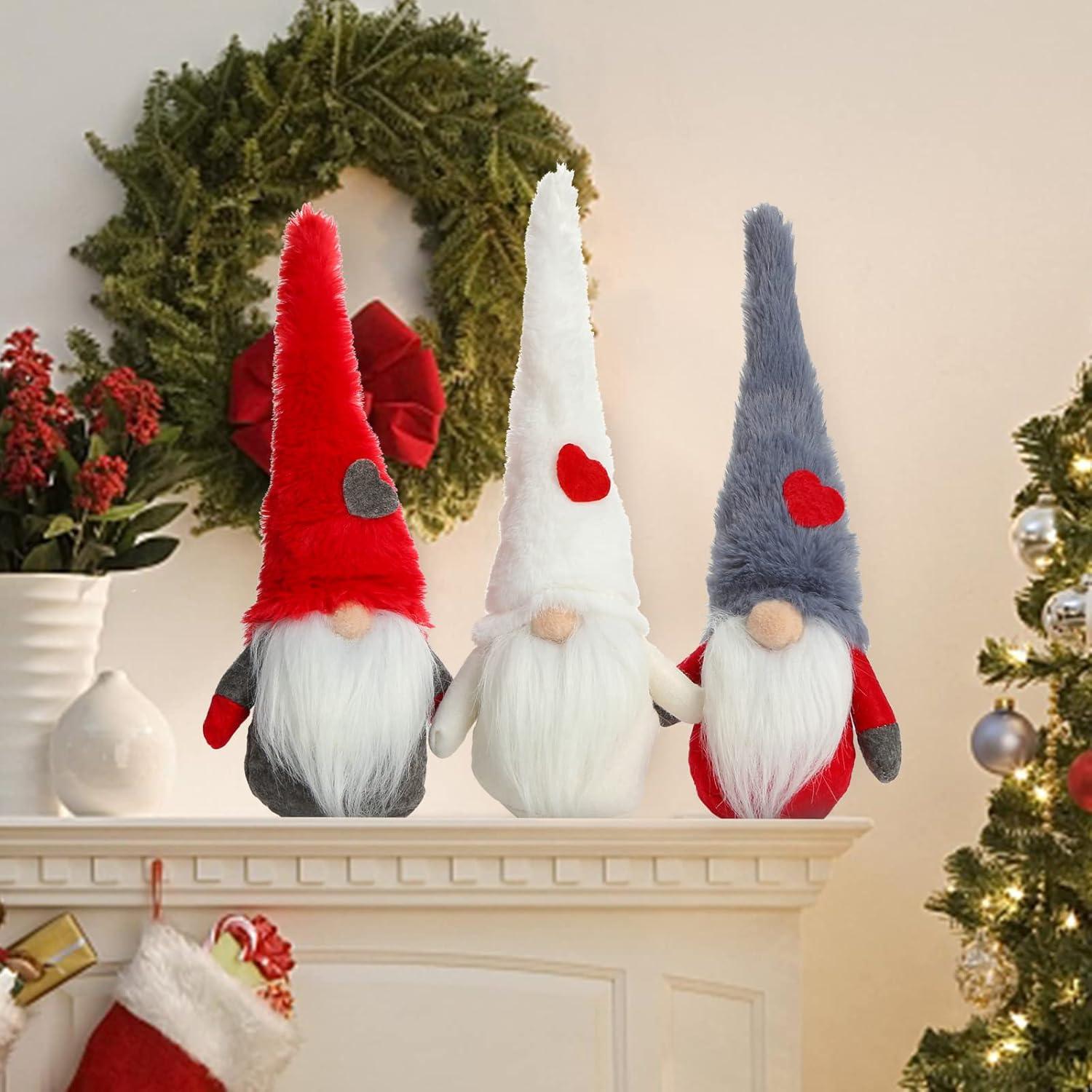 Handgemachte Weihnachtsdeko Wichtel 3er Set 29.5cm Hoch Rot Grau