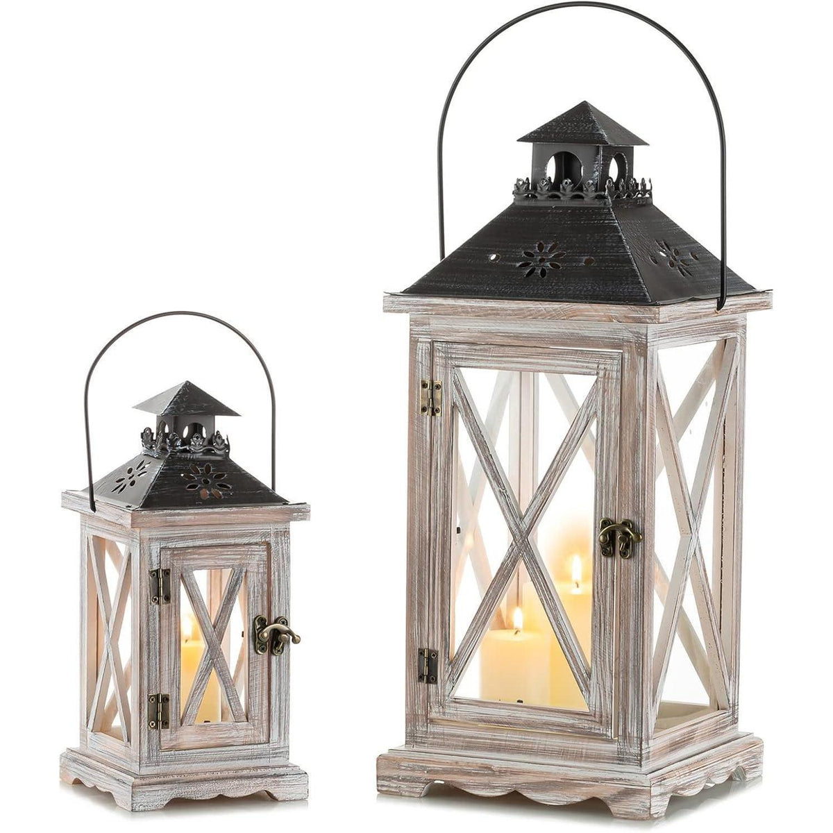 Holz Metall Laterne im Landhausstil, 2er Set, Antik Beige