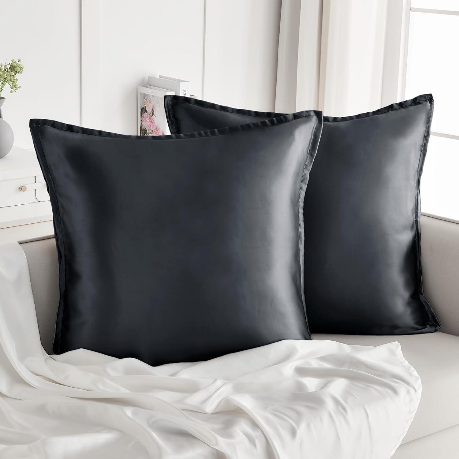 2er Set Satin Kissenbezug 80x80 Dunkelgrau Reißverschluss Schnürchen