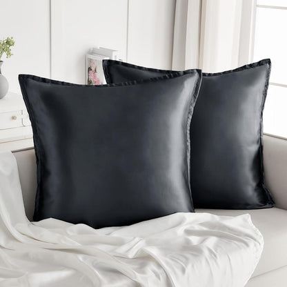 2er Set Satin Kissenbezug 80x80 Dunkelgrau Reißverschluss Schnürchen