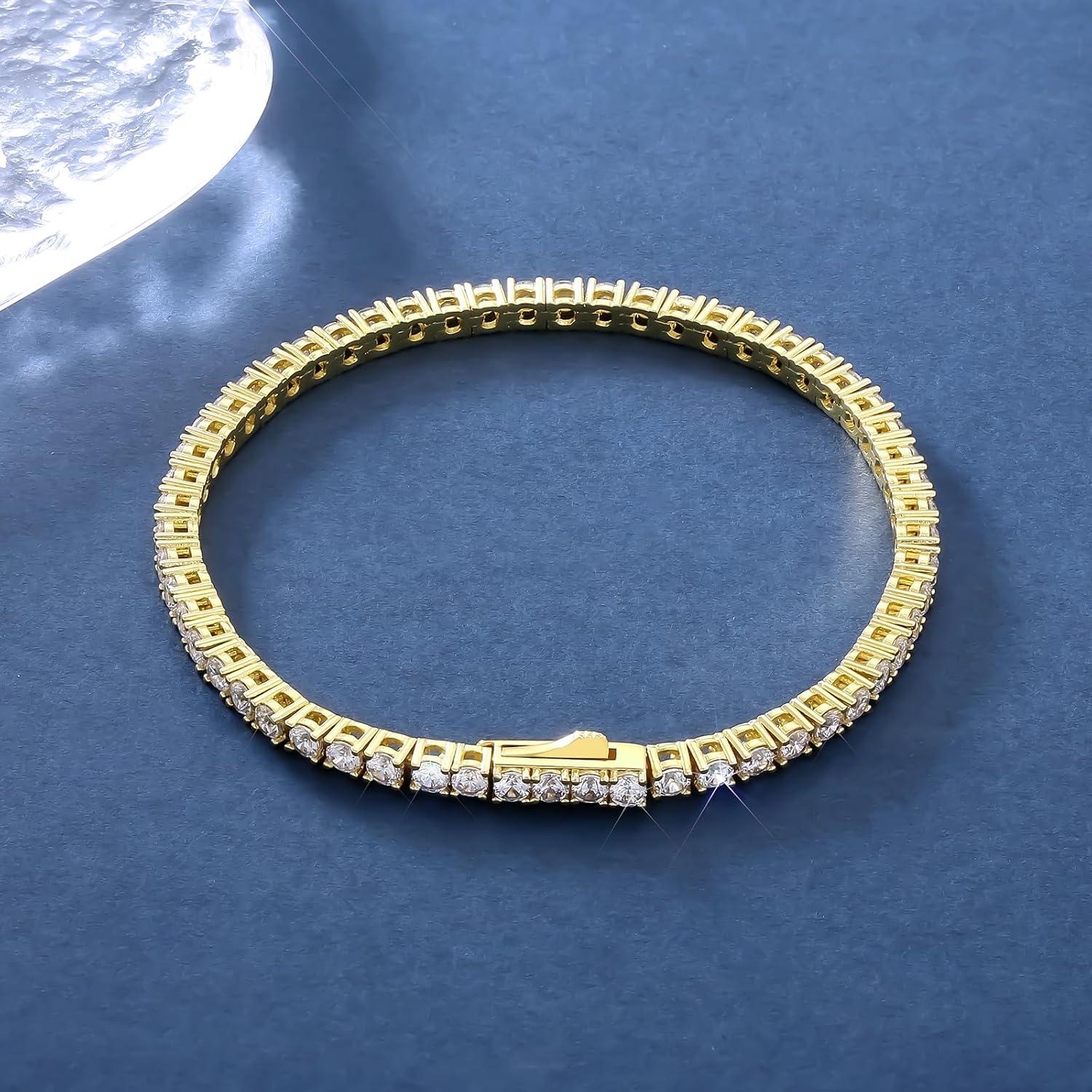Gold Tennisarmband Damen 14K Weißgold beschichtet Zirkonia Iced Out 3/4mm 19cm