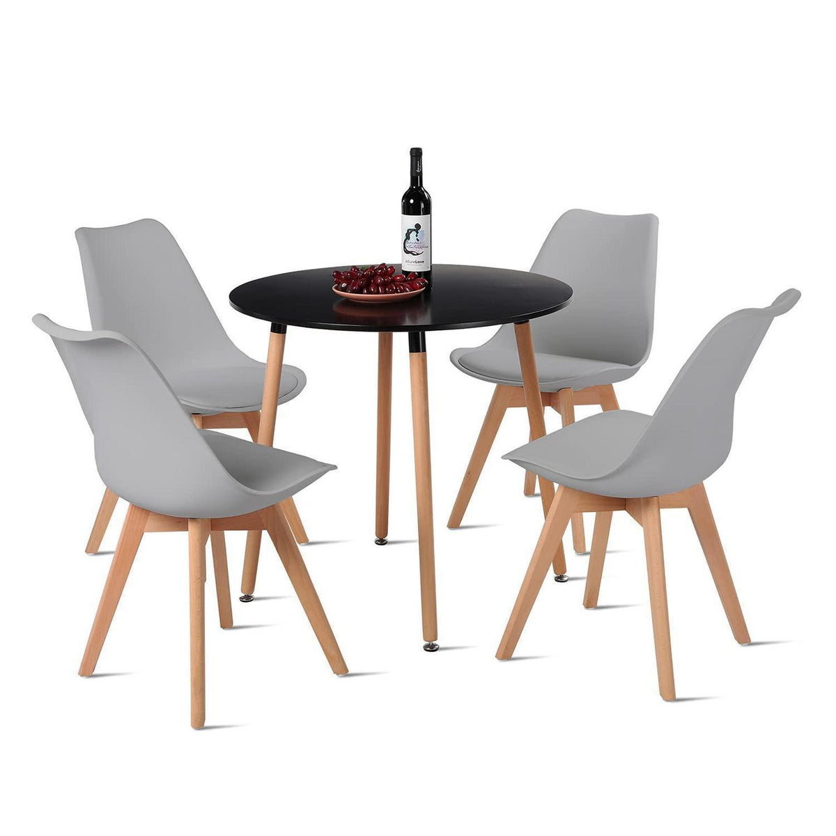 Runder Esstisch mit 4 Stühlen – Nordisches Design Schwarz/Grau