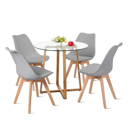 Runder Glastisch mit 4 Grau Stühlen – Essgruppe 80x80cm
