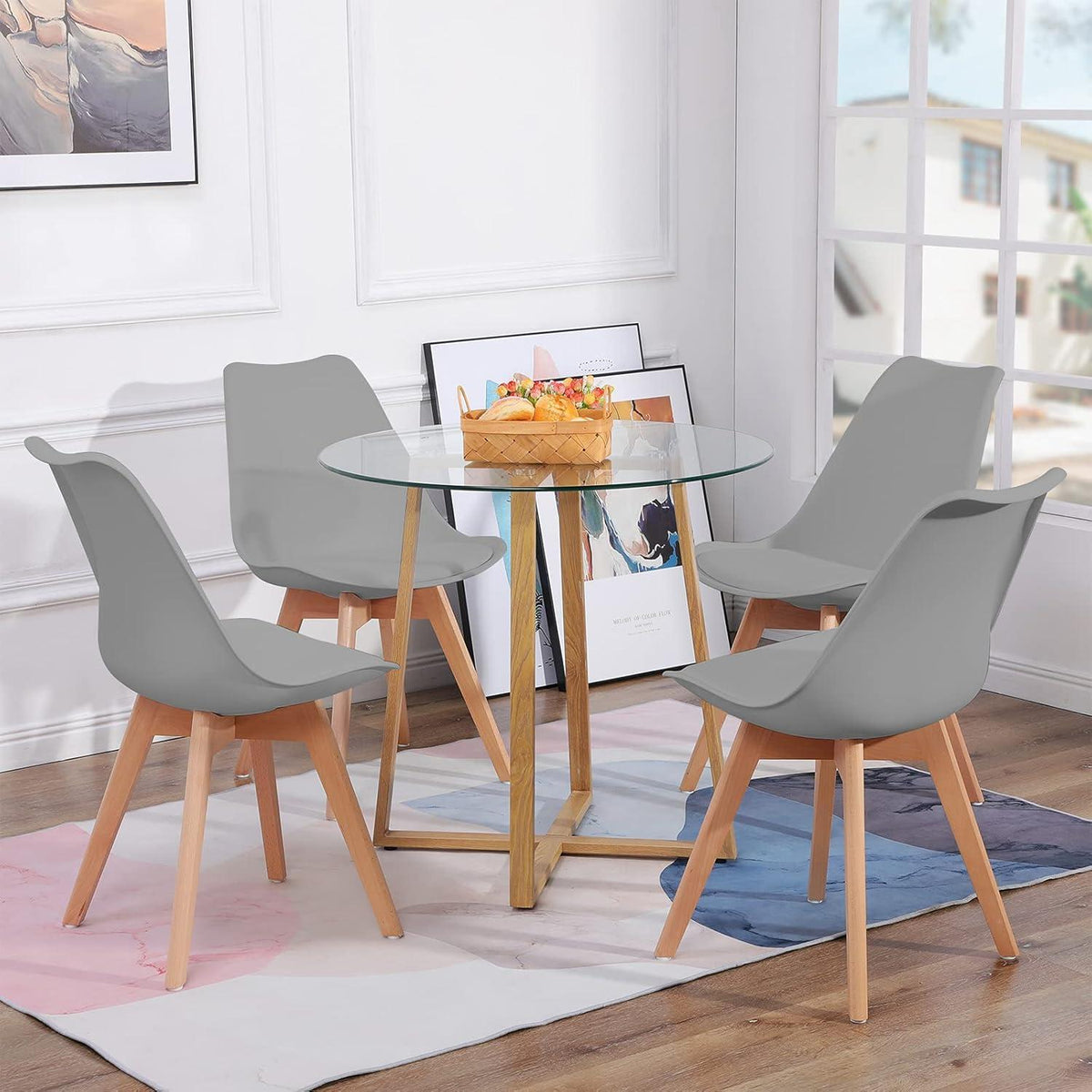 Runder Glastisch mit 4 Grau Stühlen – Essgruppe 80x80cm
