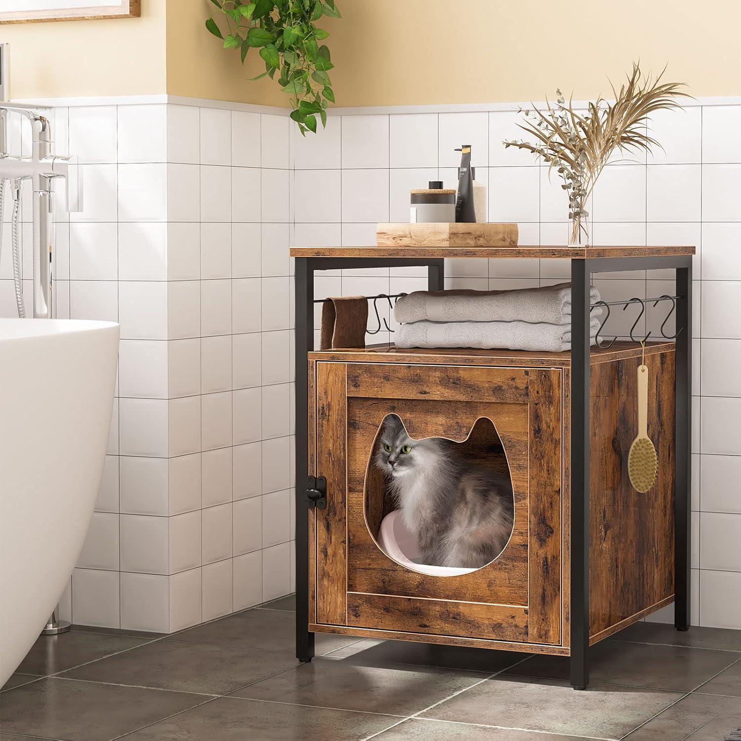 HOOBRO Katzenschrank Dunkelbraun 50 x 50 x 66 cm, Katzenklo Schrank mit 6 Haken