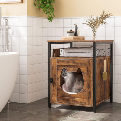 HOOBRO Katzenschrank Dunkelbraun 50 x 50 x 66 cm, Katzenklo Schrank mit 6 Haken