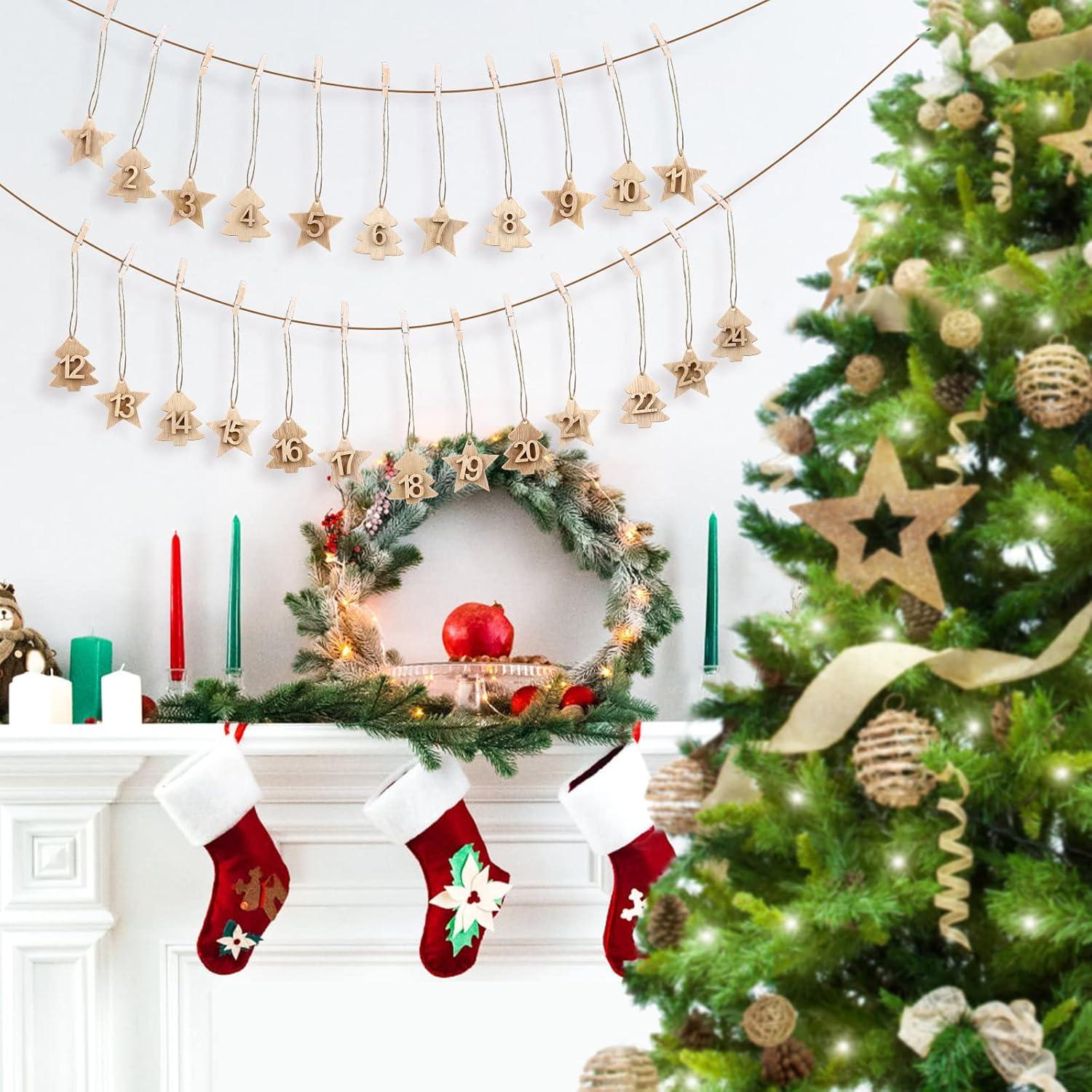 LIHAO Adventskalender 24 Zahlen Holz Anhänger Weihnachtsbaum Countdown Holzverzierungen