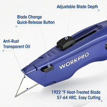 WORKPRO Premium Teppichmesser Vollmetall mit 10 Klingen Blau