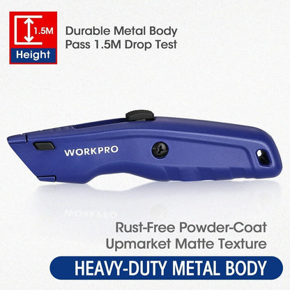 WORKPRO Premium Teppichmesser Vollmetall mit 10 Klingen Blau